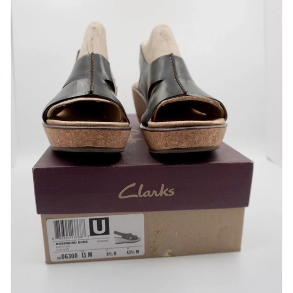 Clarks Rosemund Dune Black Leather Cork Wedge Sandals 11 M Resortwear 35-01-01